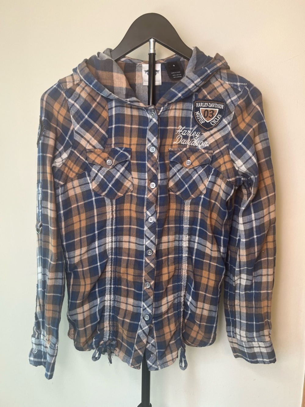Harley Davidson Chrome Hooded Plaid Shirt Small Blue Brown‎ Logo Patch